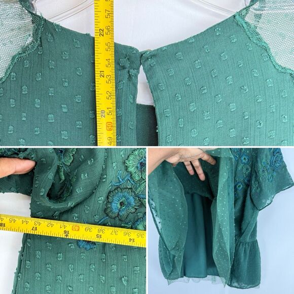 Zara Trafaluc Blouse Small Green Embroidered Ruffle Peplum Top Short Sleeves - Picture 7 of 16